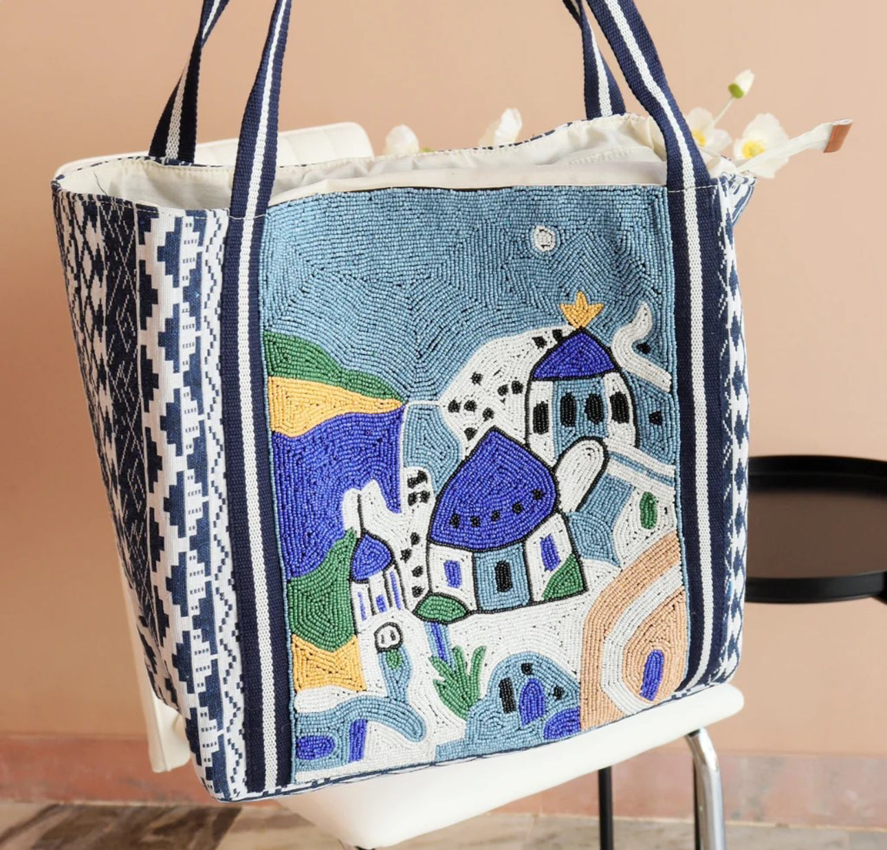 Santorini Beaded Jacquard Tote Bag | Blue Embellished Bag